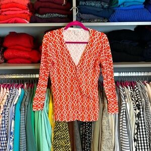 Merona orange/white print long sleeve v neck front button cardigan size XS